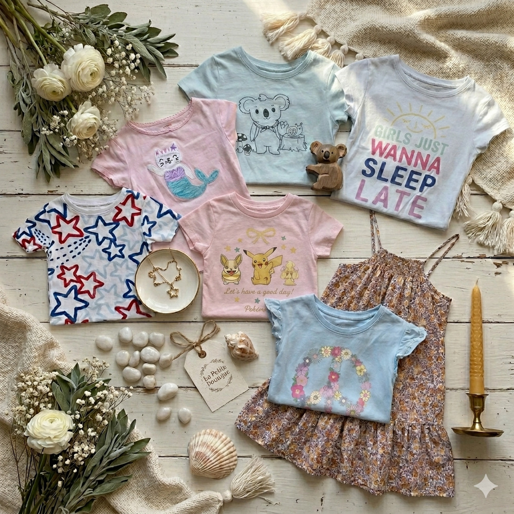 Girls Summer Clothes Bundle Size 6 7 8 Graphic Tees Boho Dress 7 pieces